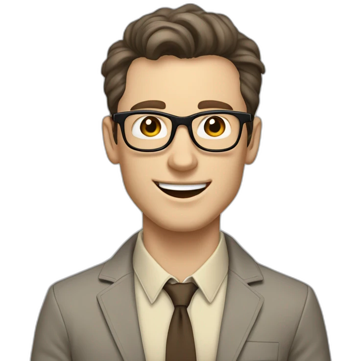Joyful Pale skinned Fit Man With dark brown hair in gray jacket, beige office shirt, Brown pants and vintage glasses. His thrumbs up emoji