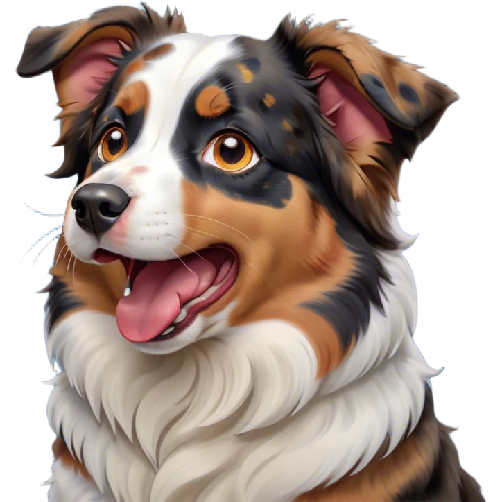 Cinematic Cute Yawning Calico Australian Shepherd Portrait Emoji, Head tilted slightly with a dramatic, wide-open yawn, predominantly white coat with vibrant black, tan, and red calico merle patches, floppy ears slightly drooping, round blue eyes barely open in drowsy contentment, Simplified yet irresistibly adorable features, highly detailed, glowing with a soft, cozy glow, high shine, relaxed yet expressive, stylized with a touch of whimsy, bright and endearing, soft glowing outline, capturing the essence of a sleepy yet affectionate pup, so drowsy it feels like it could stretch right out of the screen and curl up for a nap! emoji