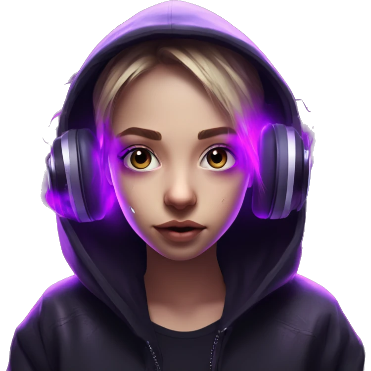 Russian girl wearing black hoody with violet letters "OMG", in vr headset. Cyberpunk style. Violet neon. emoji