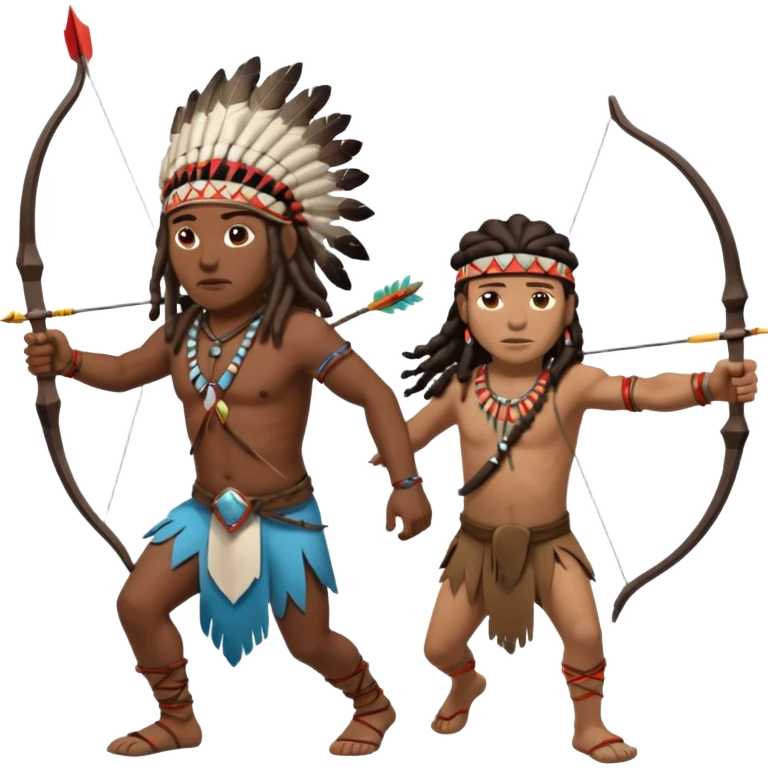 Black American man dark brown with dreads with a American Indian headdress shooting a bow and arrow at a native Indian while they run emoji