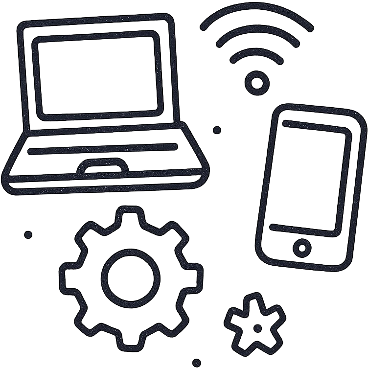 technology doodle, hand-drawn black outline style, casual and sketchy emoji
