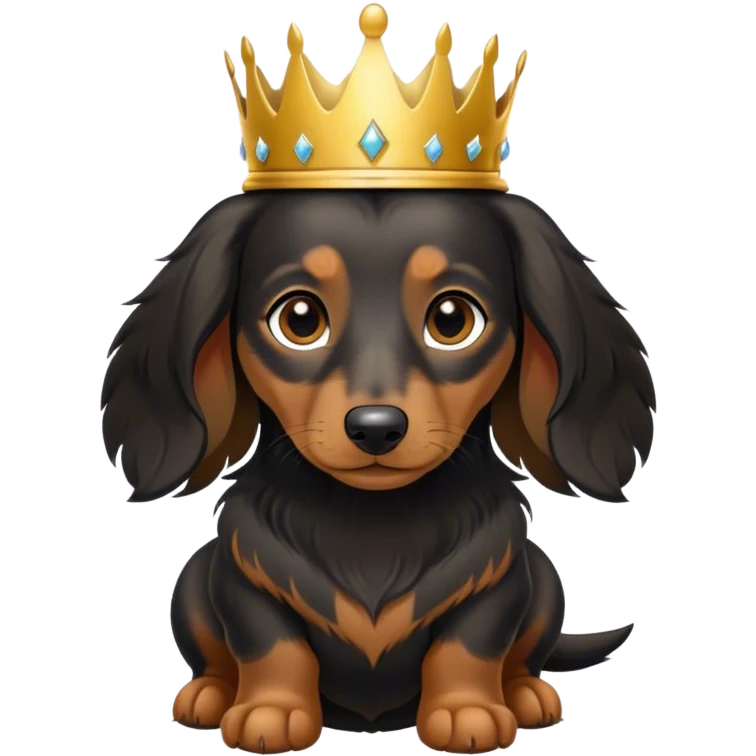 mini long haired dachshund with black fur and light brown ears with a gold crown emoji