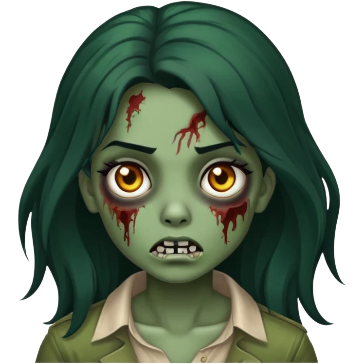 zombie girl, dark green skin color, long hair, black color, neutral expression  emoji