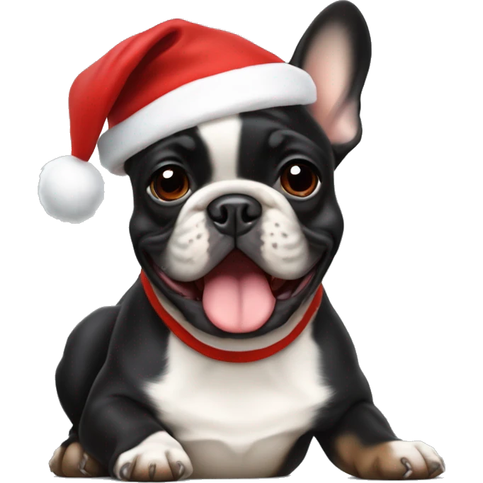 A small, black-and-tan French bulldog with a mostly black face and tan paws, wearing a classic red and white Santa hat, sitting happily with its tongue slightly out. emoji