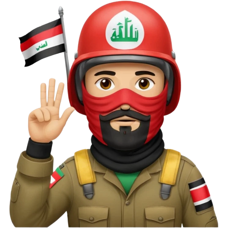 surrenders, depicts an Iraqi soldier from 1980, with a beard, in a helmet, a helmet with sign flag Iraq, with a balaclava, with sad eyes and both hands raised up emoji