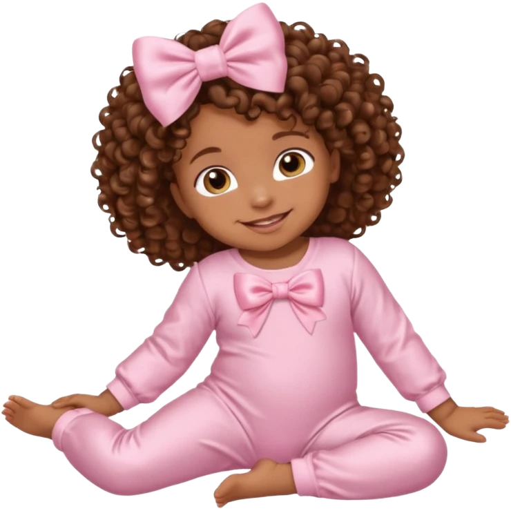 Brown skin baby with brown curly hair down laying down with satin baby pink onesie and white bow emoji