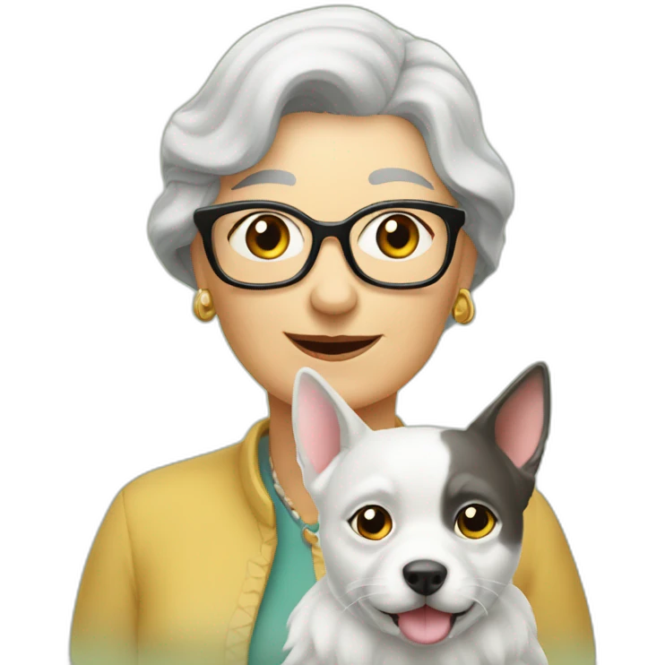 Vieille dame, avec un petit chien et un gros chat emoji