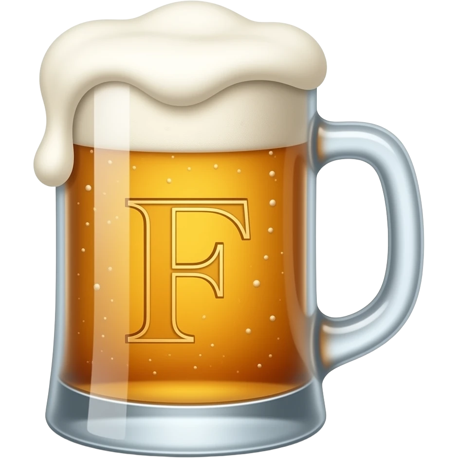 3D emoji style, glossy surface, soft shadows, white background, centered, overflowing beer mug with a elegant capital f emoji