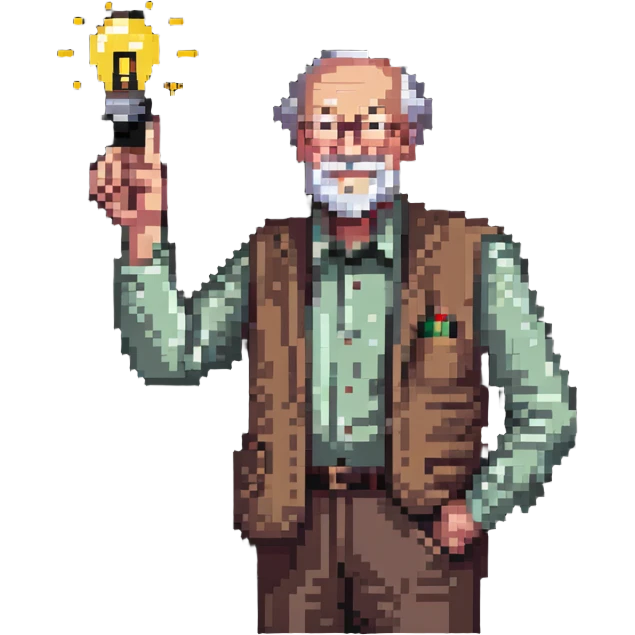 elderly man pointing his finger up at a light bulb, pretending that he has an idea emoji