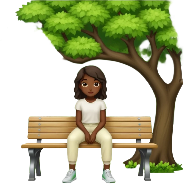 Green oak trees african girl sitting on bench wearing cream pants emoji
