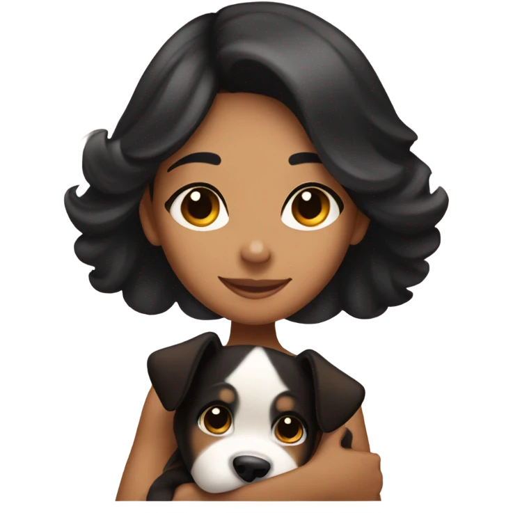 Tanned girl black hair cuddling brown and white puppy emoji