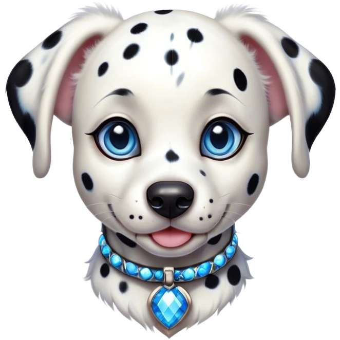 Cinematic Cute Harlequin Dalmatian Portrait Emoji, Head tilted playfully and inquisitively, featuring a glossy Fur of predominantly white with dynamic black patches, round, sparkling blue eyes filled with gentle curiosity, Simplified yet irresistibly adorable features, highly detailed, glowing with a warm, friendly glow, high shine, affectionate and gentle, stylized with a touch of whimsy, bright and endearing, soft glowing outline, capturing the essence of a mischievous yet loving pup, so playful it feels like it could lumber out of the screen and into your arms! emoji