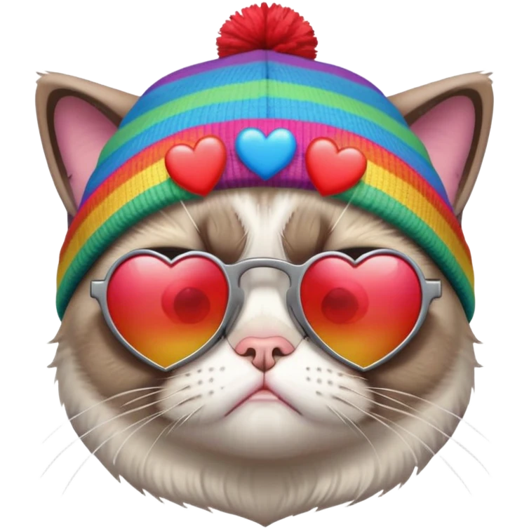 grumpy cat wearing a rainbow beanie and heart-shaped sunglasses emoji
