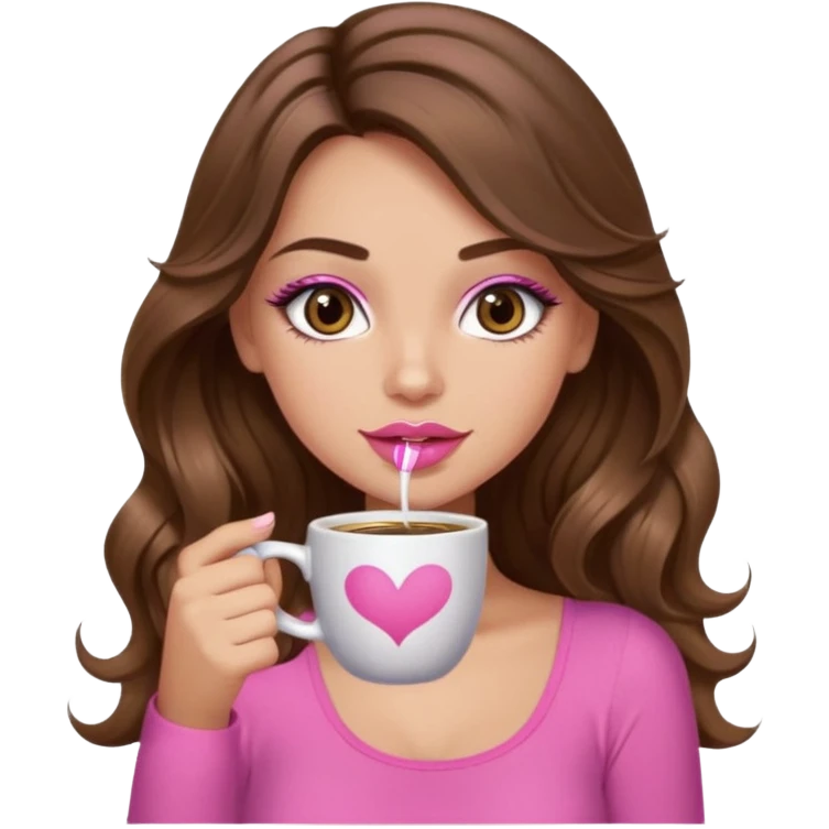girl with long wavy brown hair, brown eyes, light to medium complexion, in a pink sexy top, pink lips, long lashes, sipping coffee emoji