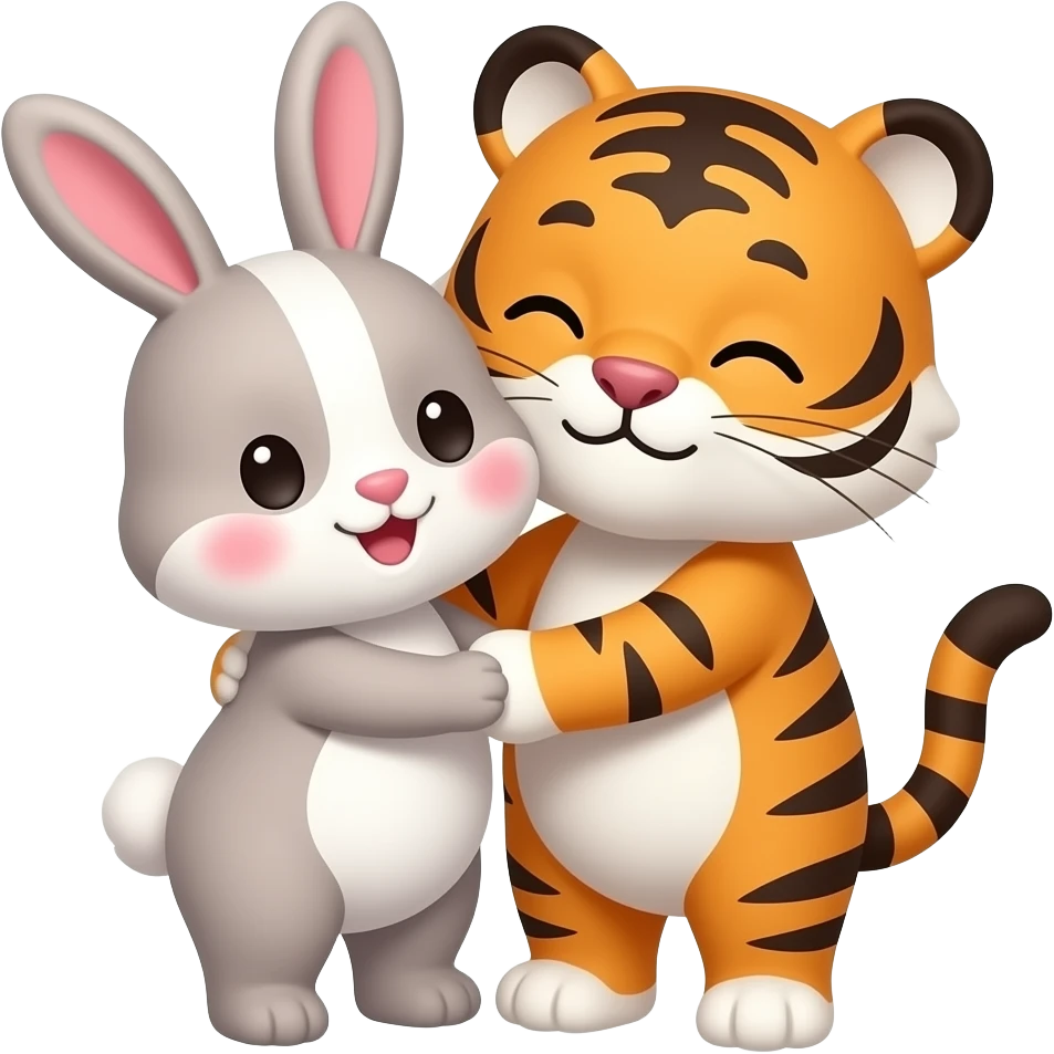 cute cartoon sweet bunny and tiger cuddling emoji