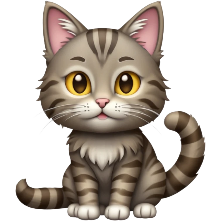 cinematic-[grey brown tabby cat]-realistic-emoji,-tail-curled-playfully-around-its-paws,-head-tilted-dramatically,-scruffy-[grey]-fur,-simplified-yet-realistic-focused-features,-highly-detailed,-glowing-with-an-almost-sarcastic-glow emoji