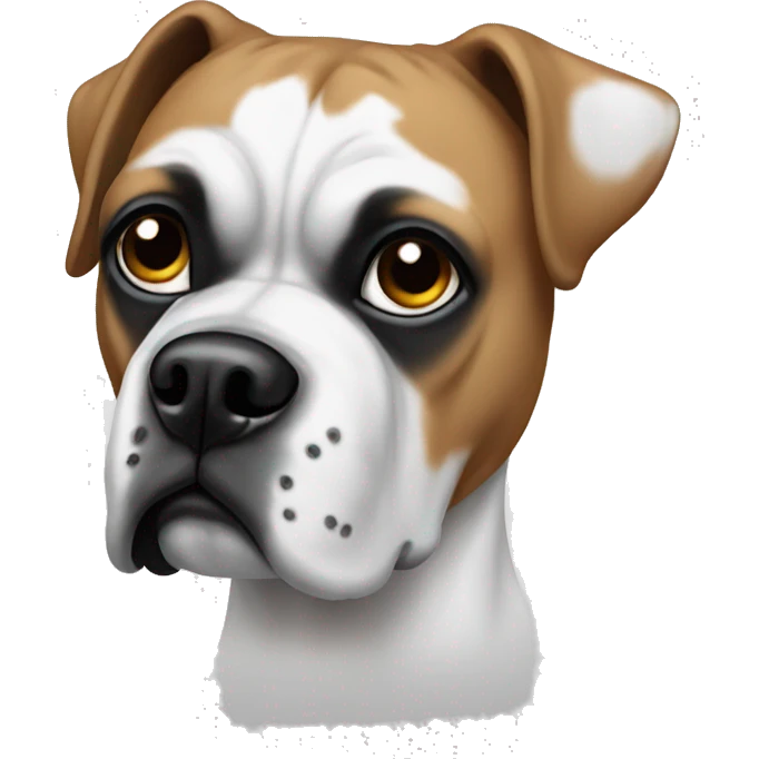 White boxer dog with one black eye emoji