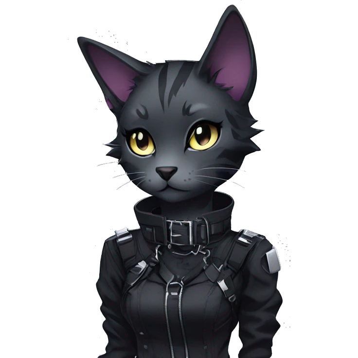 Gorgeous edgy epic futuristic punk gothic dark techwear anime style anthro cat with blushing face aesthetic and pretty edgy black with collar and harness trending style emoji