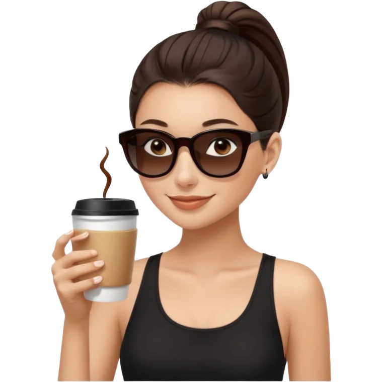 generate a pretty fair bratz girl with dark brown eyes, dark brown eyes tied into a slick back ponytail, thin brown sunglasses. Wearing a black cami top and drinking coffee, high cheekbones emoji