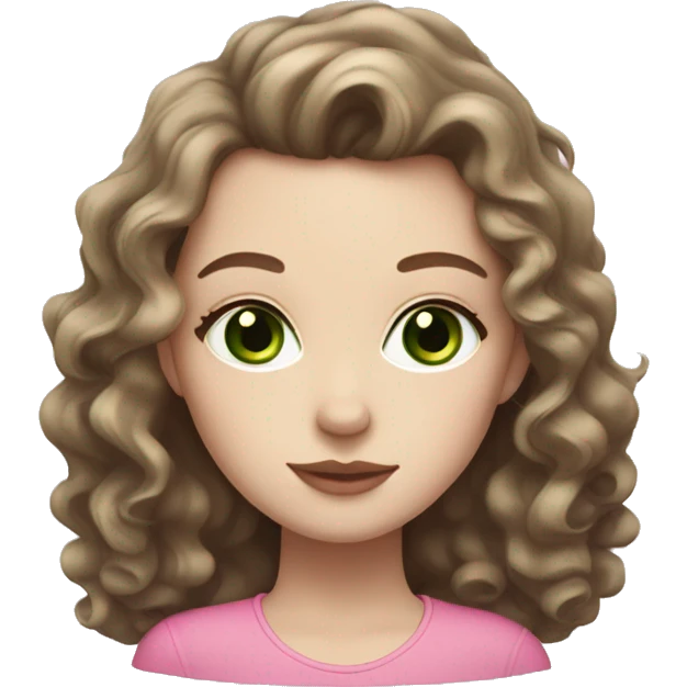 Girl with pale white skin, green eyes, long curly brown hair with pink lips. emoji