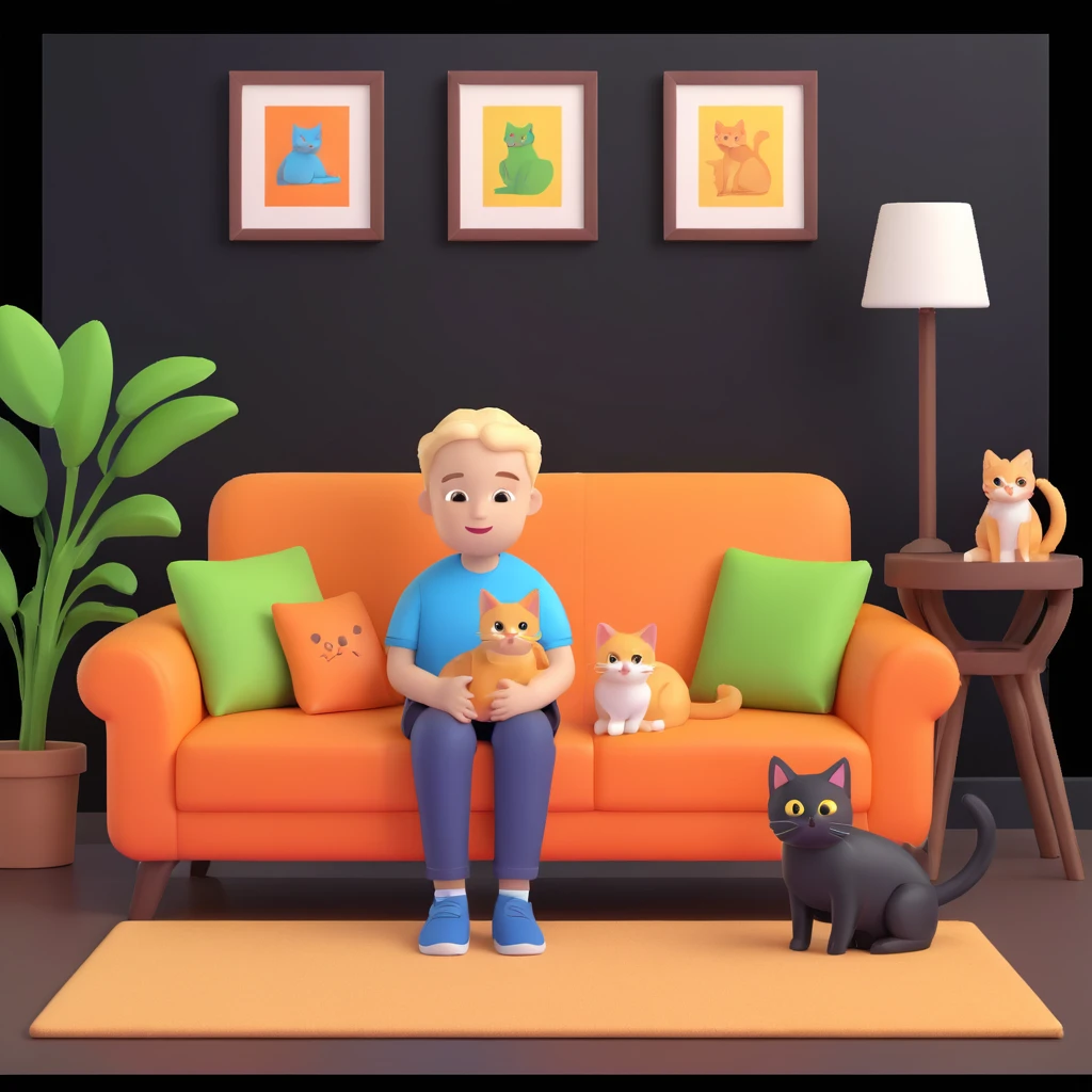 boy and cat pet, living room background emoji