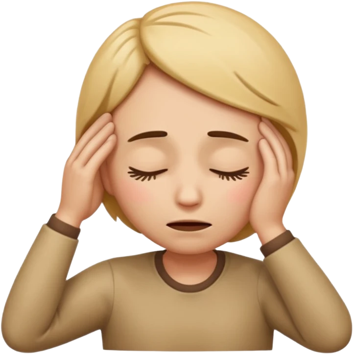 Apple-style emoji of a face with closed eyes, hand on forehead, looking stressed or lost in thought representing 고민 (deep thought) emoji