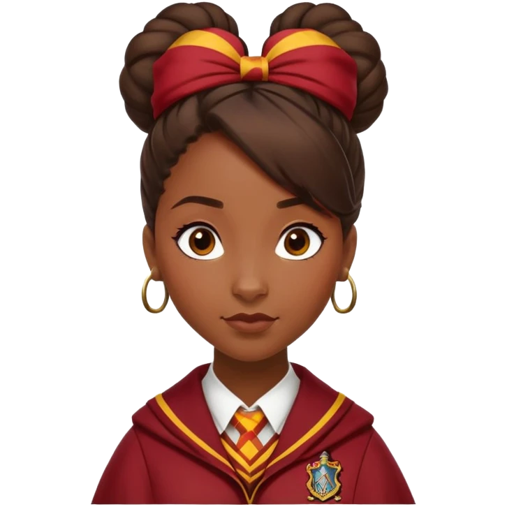 Tiana Benjamin is Angelina Johnson in harry potter, wear hogwarts gryfindor uniform,  thick, brown 1 knot bun hair , reflecting her bold, stylish, and strong personality emoji