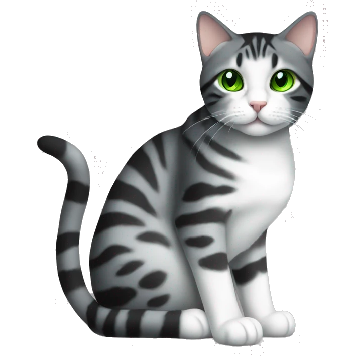 black/grey/white tabby cat with green eyes sitting emoji