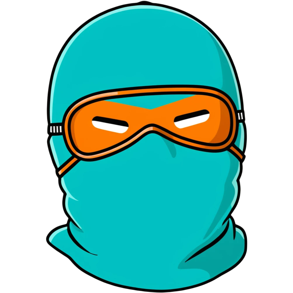 teal and orange ski mask with loving face emoji