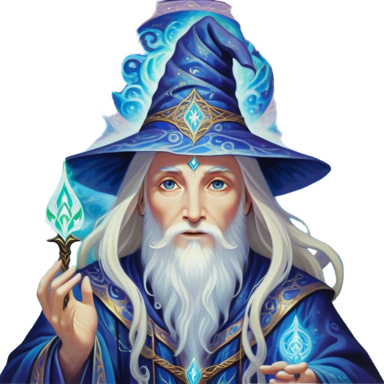 A luminescent enchanting Wizard, his ethereal presence shimmering with otherworldly energy, each detail radiating with mystical power and ancient wisdom. The painting, a masterpiece of acrylic art, captures the Wizards hauntingly beautiful visage in exquisite detail. Swirls of cosmic colors dance around him, evoking a sense of celestial wonder, while intricate patterns of glowing runes adorn his intricate robe. The image is vivid and captivating, drawing viewers into a mesmerizing realm of fantasy and magic. emoji