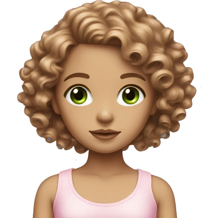 Green doll eyes, brown hair wavy curly, feminine, pink, girl, angelic emoji