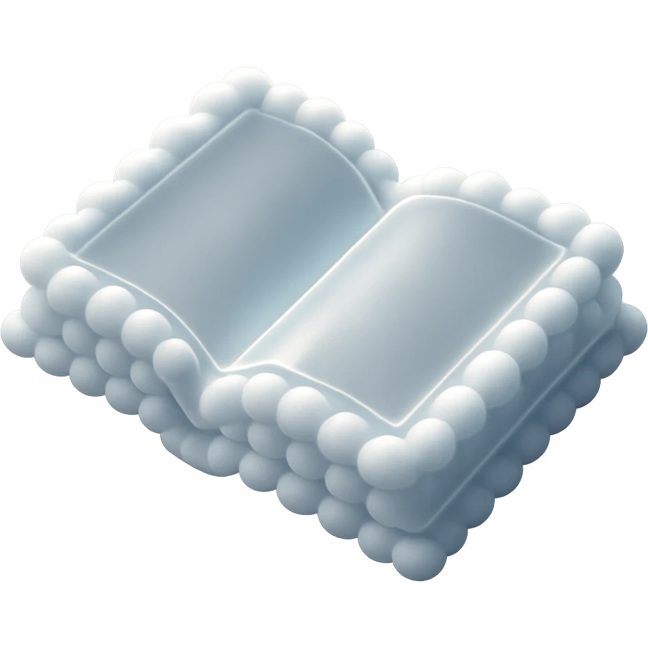 top view of a thick open book made entirely of small, very bright white fluffy convex clouds, matte glass style emoji
