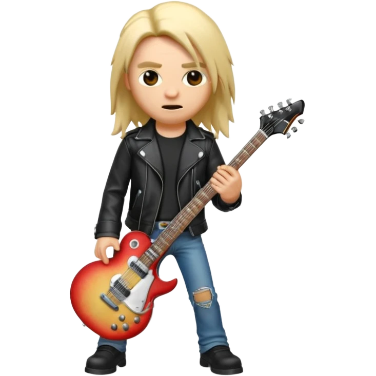 3D Apple-style emoji of a metal musician. Long hair, black leather jacket, ripped jeans, holding an electric guitar. Intense expression, glossy, rounded, smooth, soft shadows, white background.









 emoji