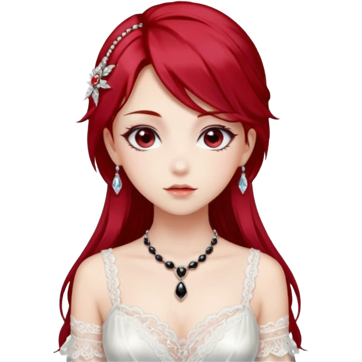 Beautiful shiny Gorgeous Anime Lady with dark hair and red hair streaks with a beautiful white silky lace dress and rubies and onyx gems  emoji