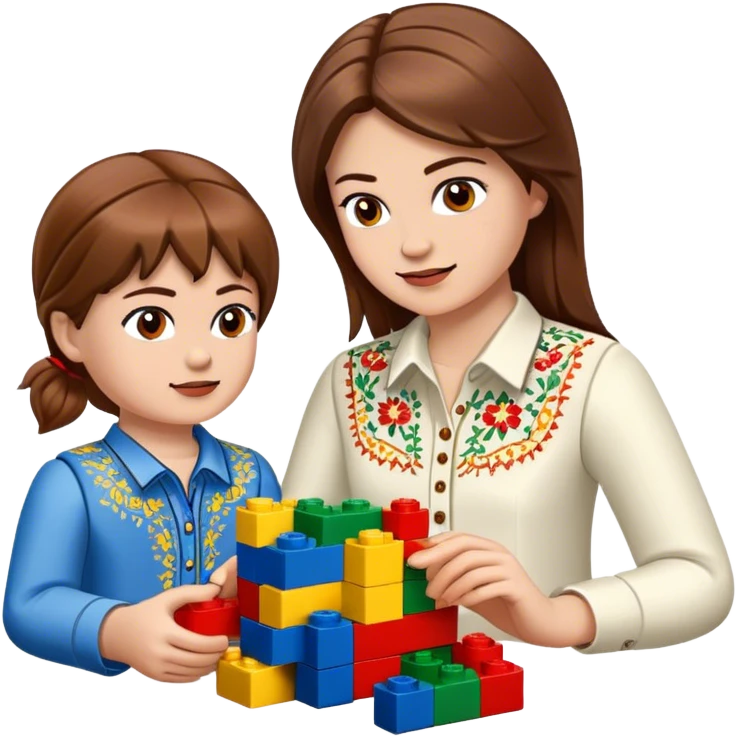 a Ukrainian girl with brown hair in an embroidered shirt and a Ukrainian boy in an embroidered shirt and Lego bricks emoji