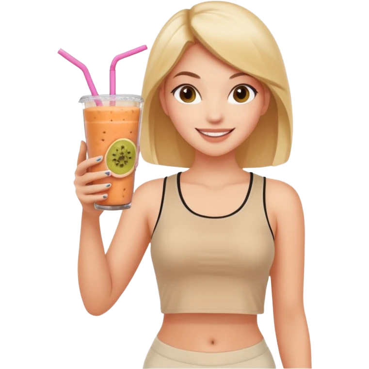 a young woman in a beige top and leggings and white sneakers with a passion fruit smoothie in one hand and a salmon poke bowl in the other hand emoji