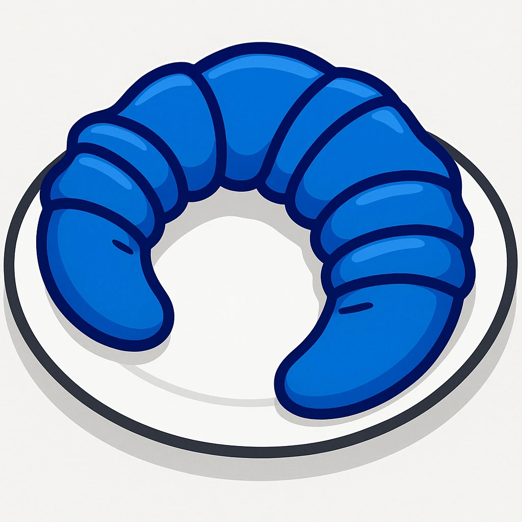 Put the blue Danish croissant on a white plate, keep the original sticker style emoji