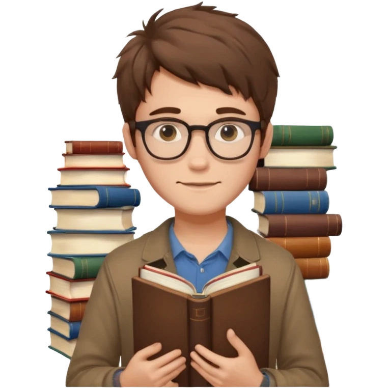 generate an ios genmoji of a fair 20 year guy with faint beard, spectacles, messy hair, books in hand emoji