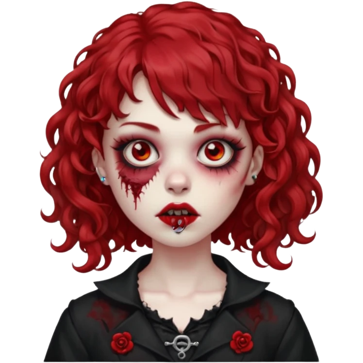 zombie girl red hair cacheado médio e franja, com piercing na boca(labret lateral), roupa gótica  emoji