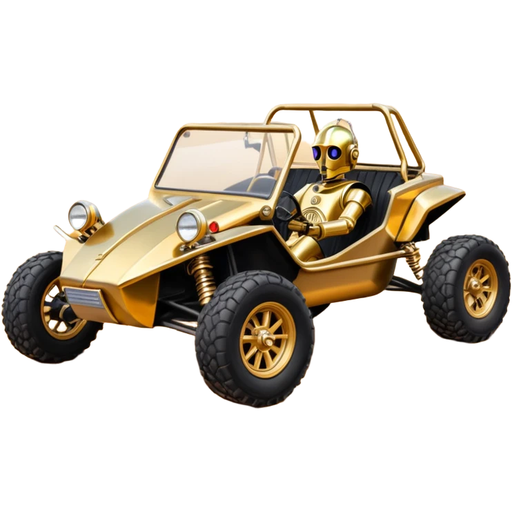 Old American West tarnished neon underglow C-3PO bounty hunter 1964 delicately ornate rosegold wood accents painted dune buggy buckboard powered by electric motors and batteries with safety and belts flying rapidly roughening terrain stable on strong agile advanced suspension and steering emoji