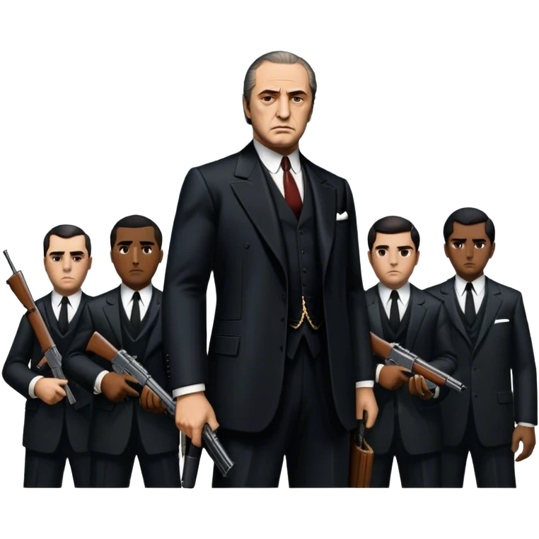 Vintage noir poster with Don Corleone surrounded by gangsters holding Thompson submachine guns. Dark and moody atmosphere with shadows, suits, and a mysterious vibe. Background features New York skyscrapers, adding to the gritty, classic gangster film feel. Transparent background. emoji