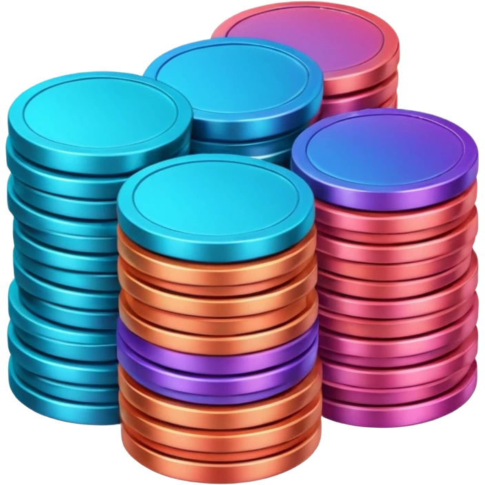 Many Coins pack stack
in gradient of turquoise, blue, pink, purple, and coral
 emoji