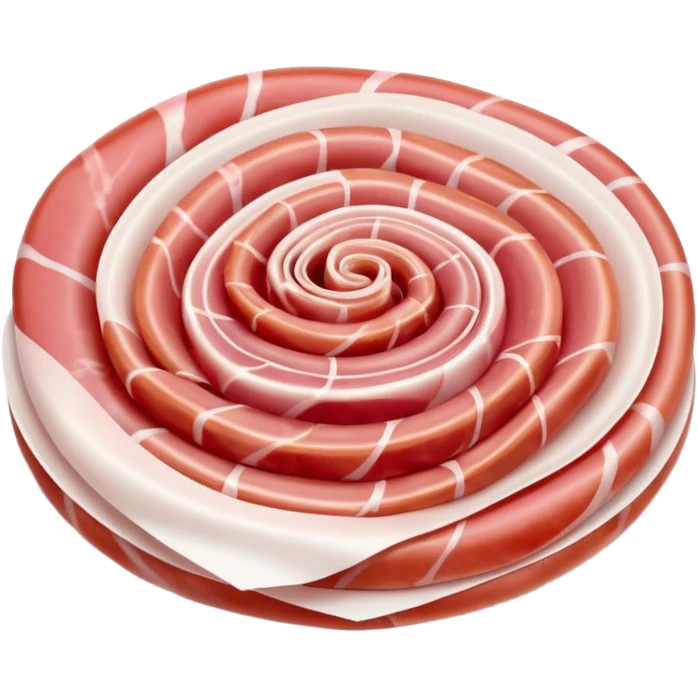 Parma ham, thin folded slices, pink to red, white fat ribbons, silky, translucent, curled or rippled, smooth creamy fat, marbled, clean 3D, soft shadows, transparent background, emoji scale emoji
