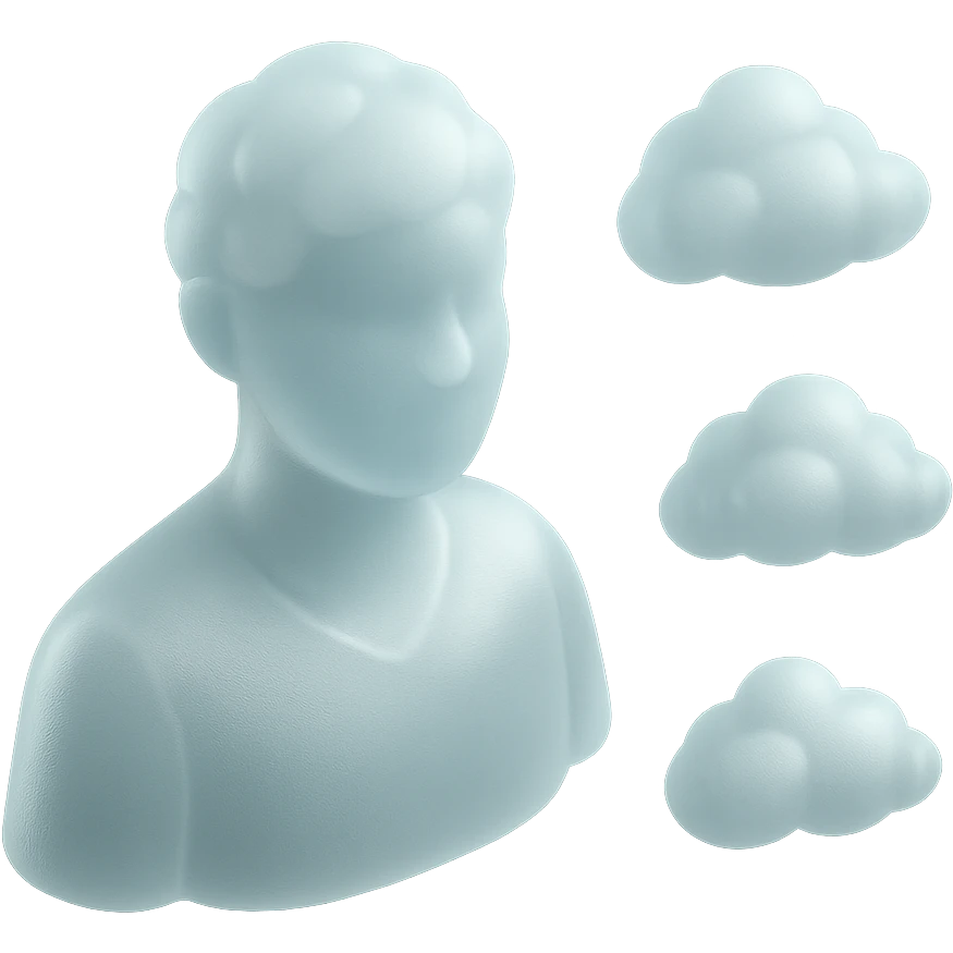 person looking straight, fully made of white fluffy convex clouds, shoulders, matte glass style emoji