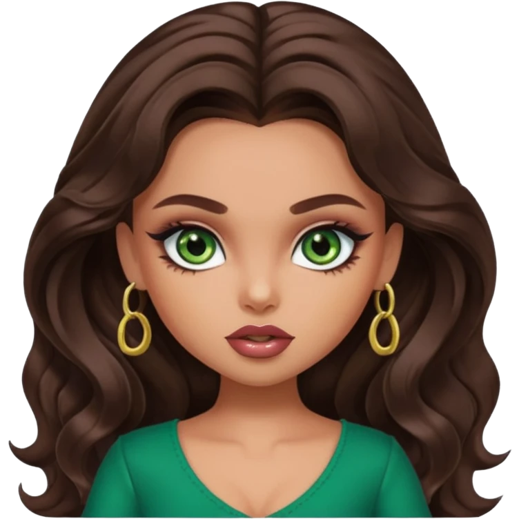 girly bratz baddie, beautiful green eyes, bratz makeup, long dark brown wavy hair emoji