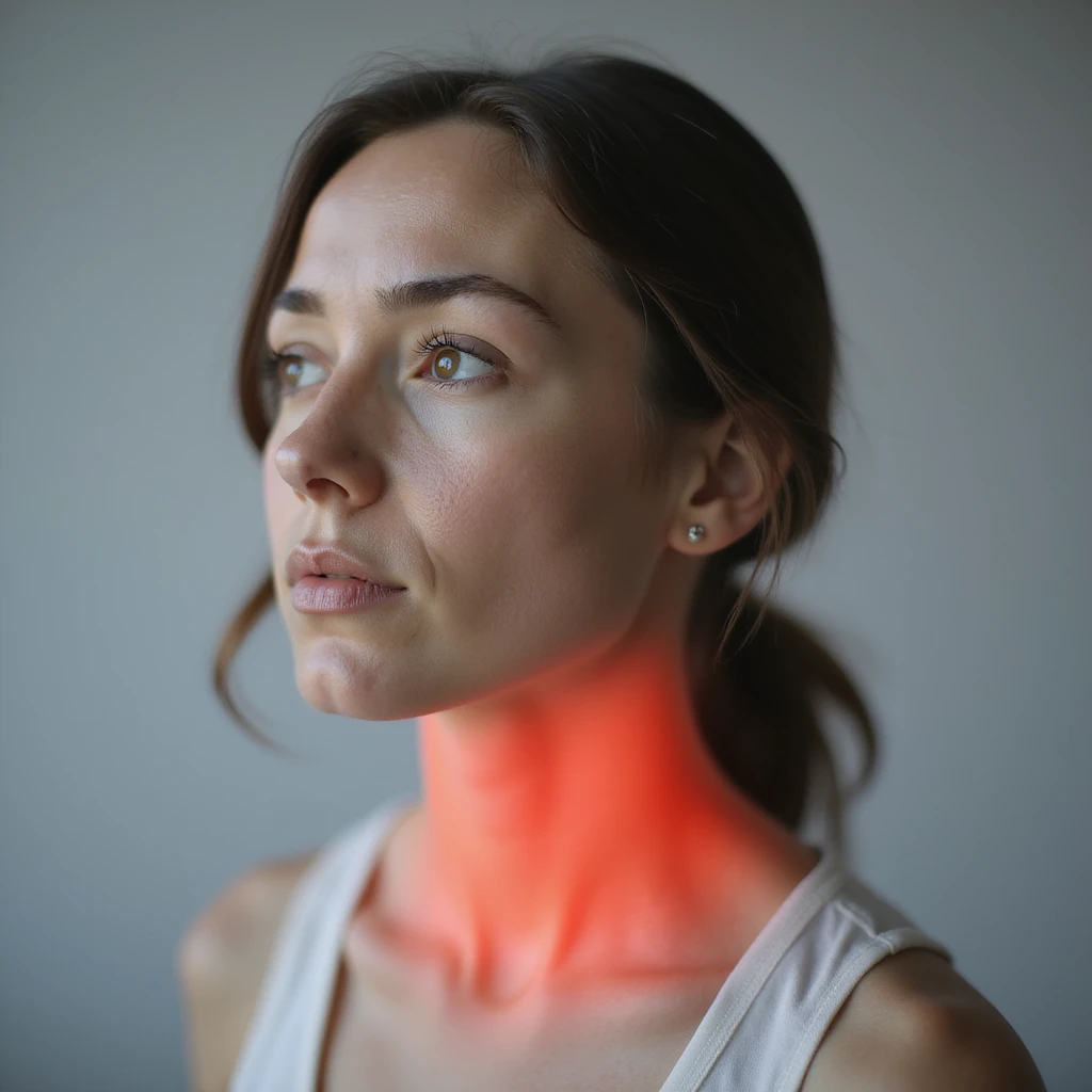 woman with enlarged thyroid (goiter), thyroid area highlighted in red, tired face, hyperrealistic details, 4K, neutral background emoji