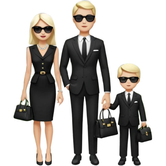 Create a scene of a rich adult family with Ravza Tulip in a black and white dress holding a Birkin handbag and Justin James in a sharp business suit with sunglasses on his head, standing with their children in front of their mansion with luxury cars, showing elegance and wealth emoji