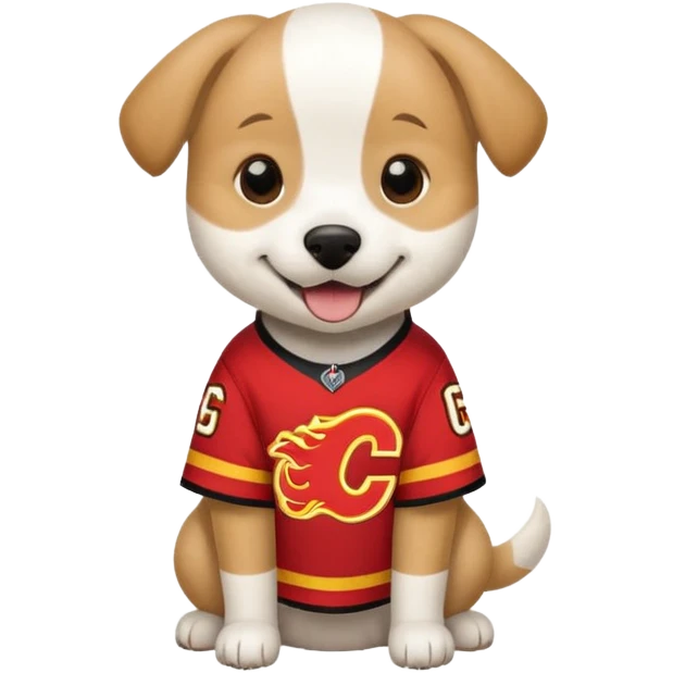 Tan and white dog wearing calgary flames jersey emoji