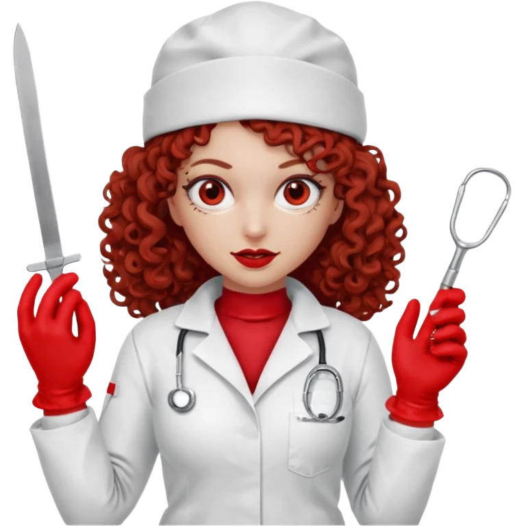 Scary woman scalpel in hand, evil surgeon sexy surgeon clothes.  She has red eyes. Her  brown long curly hair. Wears sexy doctor outfit with red gloves. make her wear red ski mask  to hide. Wears white surgeon jcketneb emoji