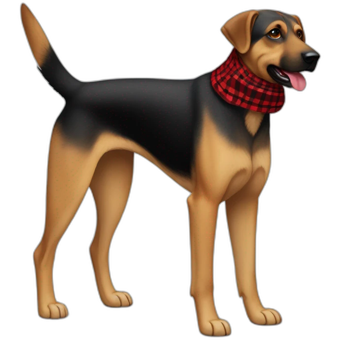 75% Coonhound 25% German Shepherd mix dog wearing small pointed red buffalo plaid bandana side view full body facing left emoji